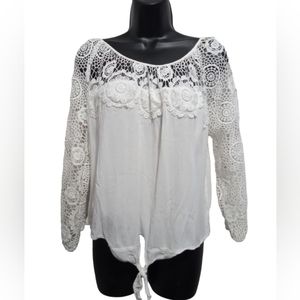 American Rag Shirt, Women's Large, White Boho Blouse, Crochet Sleeves, Tie front